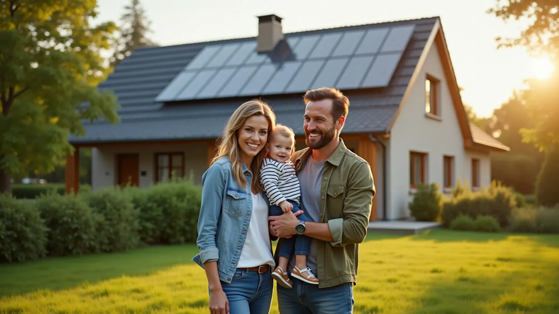 Glückliche Familie vor ihrem neuen Eigenheim - Kostenlose Immobilienbewertung
